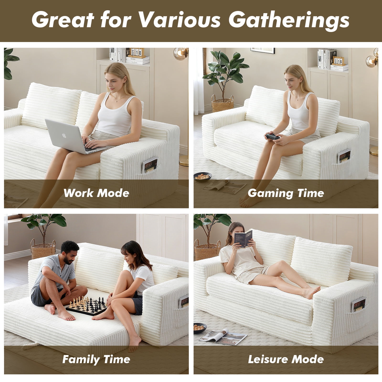 Memory Foam Cloud Sofa Bed 2-in-1 Couches No Assembly Corduroy Small Space Apartment Living Room,beige