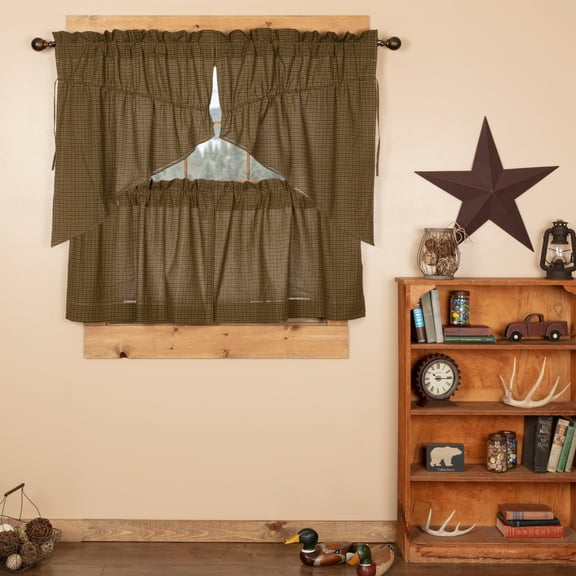 VHC Brands Tea Cabin 4 PC Moss Green Plaid Curtain Set (2 Prairie Swag 36x18 and 2 Tier 24x36)