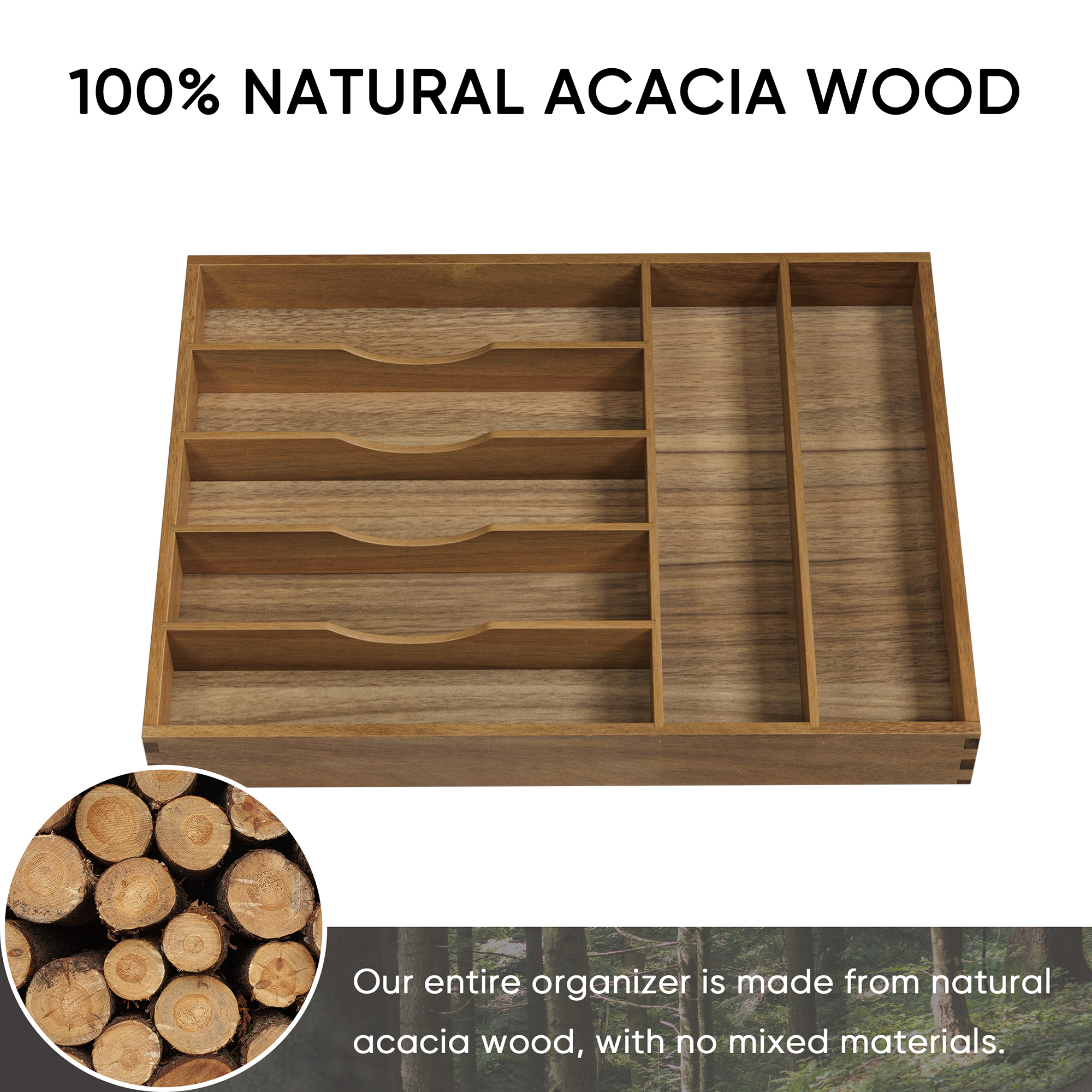 Organizer Per Cassetti In Legno Di Acacia Besilord - Divisorio 7 Scomparti Per Posate, Cucina E Ufficio, 33 Cm