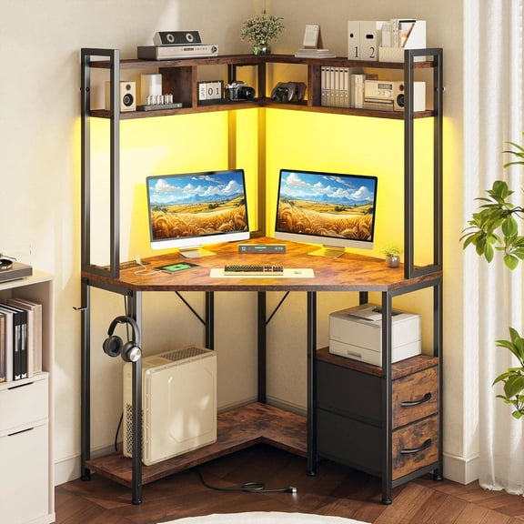 35.4" W x 63" H Corner Office Desk with Hutch, LED Lights, Power Strip, Shelves & Drawers for Small Spaces, Brown