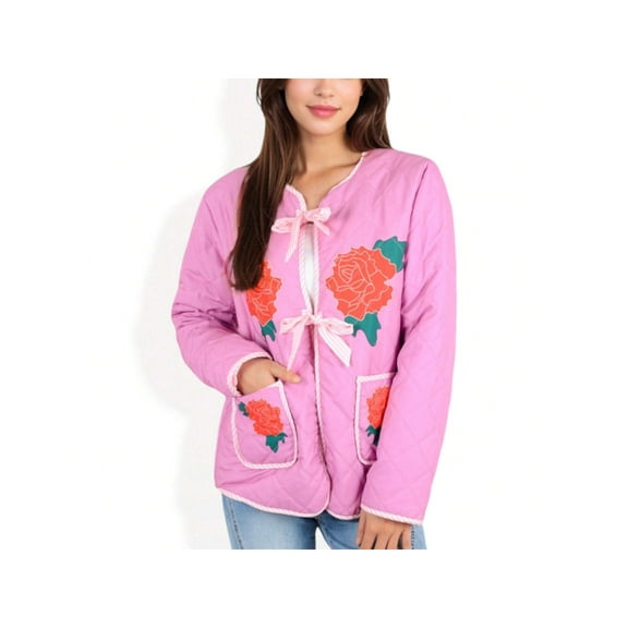 Women's Quilted Floral Embroidered Jacket with Bow Tie Front and Patch Pockets - Large, Pink