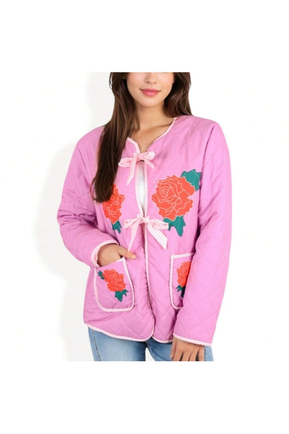 Women's Quilted Floral Embroidered Jacket with Bow Tie Front and Patch Pockets - Small, Pink