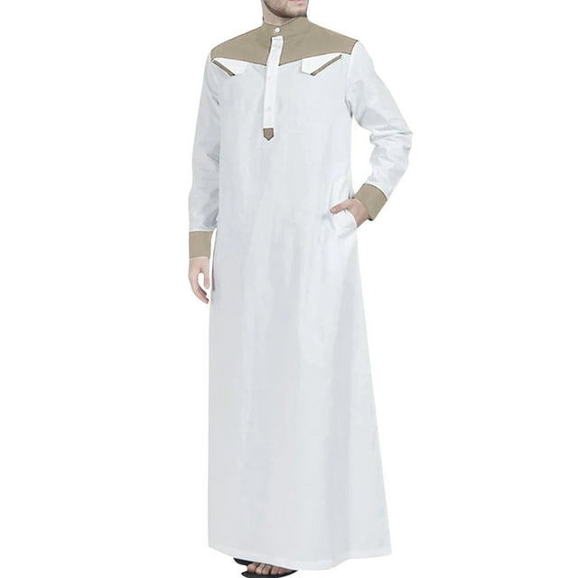 2025 Chemises Habillées pour Hommes Chemise Décontractée pour Hommes à Contraste de Couleurs à Rayures Robe Musulmane à Manches Longues Chemise de Bureau Demi