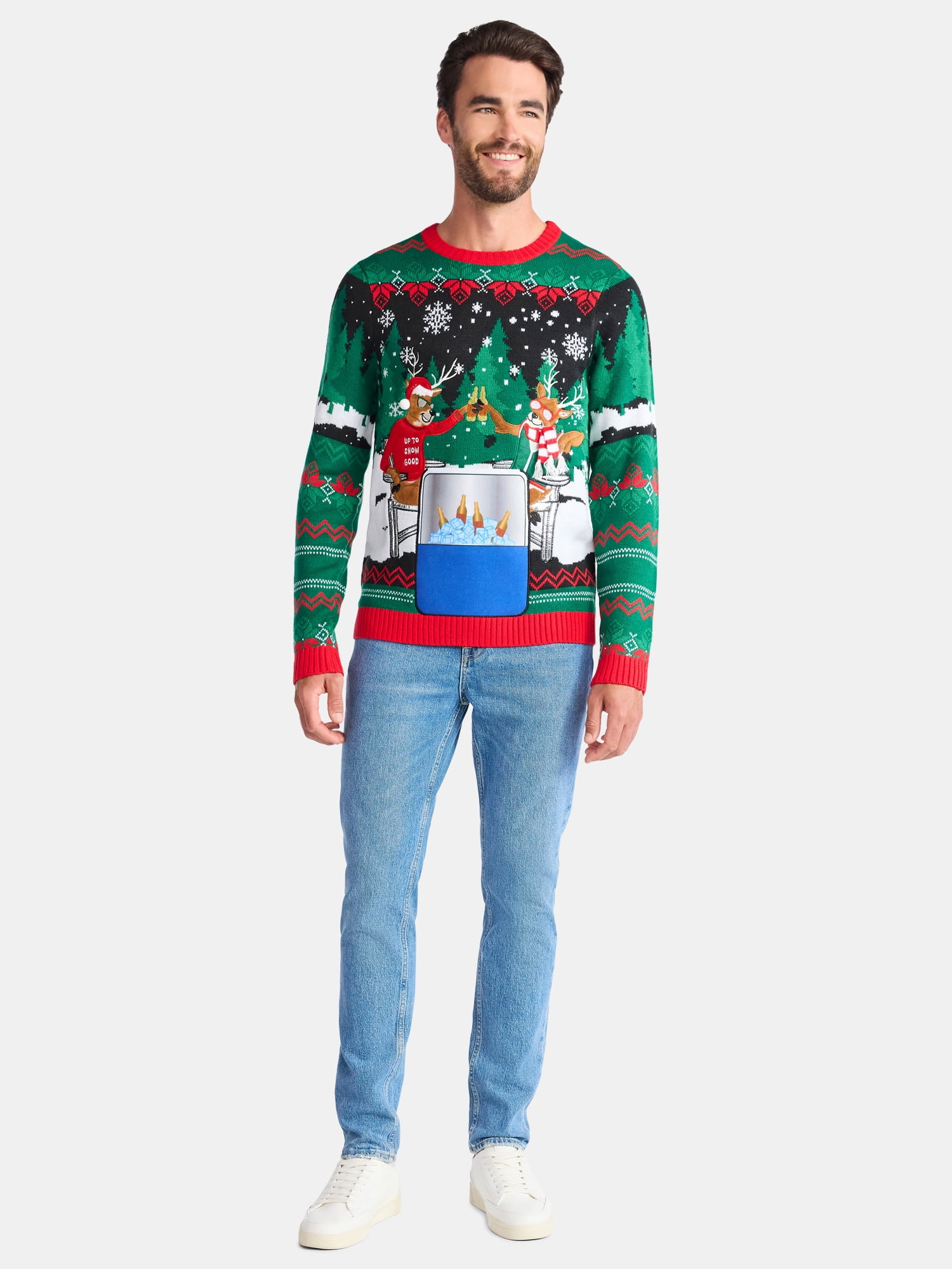 Men's Christmas Sweater Ugly Christmas Sweater with Drink Pocket from Holiday Time, Sizes XS-3XL