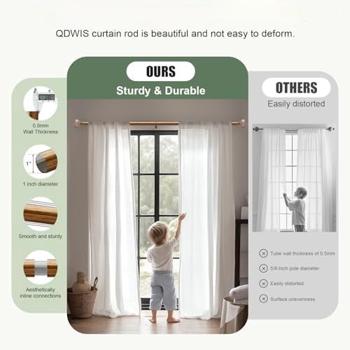 2 Pack Gold Curtain Rods for Windows 48 to 84 Inch,1'' Diameter Drapery Rods with Imitation Wood Grain Leaf Pattern Finials,Boho Adjustable Heavy Duty Curtain Rods Set,36-88'',Antique-Gold Wood