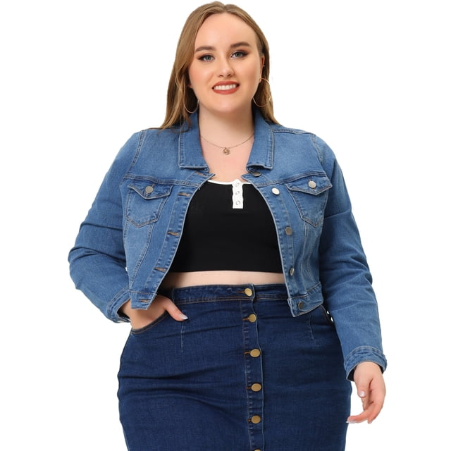 Women Plus Size Button Closed Cropped Denim Jacket Denim Blue 3X