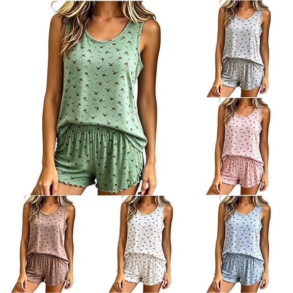 Tqcoqu Women's Floral Modal 2 Piece Pajama Set, Round Neck Sleeveless Tank Top & Elastic Waist Lettuce Trim Shorts, Soft Summer Loungewear Sleepwear Outfit Set for Women,Green Women's L-XXL