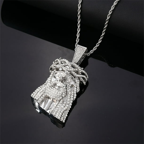 Seyotauo Jesus Pendant Necklace Rope Gold Chain for Men Iced out Gold Plated Simulated Diamond Chain Stainless Steel Chain