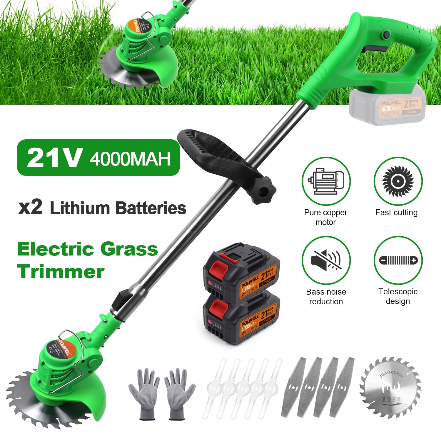 47 Inch Powerful Weed Eater for Lawn Yard，Garden Bush Trimming & Pruning Cordless String Trimmer Battery Powered 42V Lightweight Weed Wacker with 2 Li-Ion Battery 1 Charger and 11 Cutting Blades 