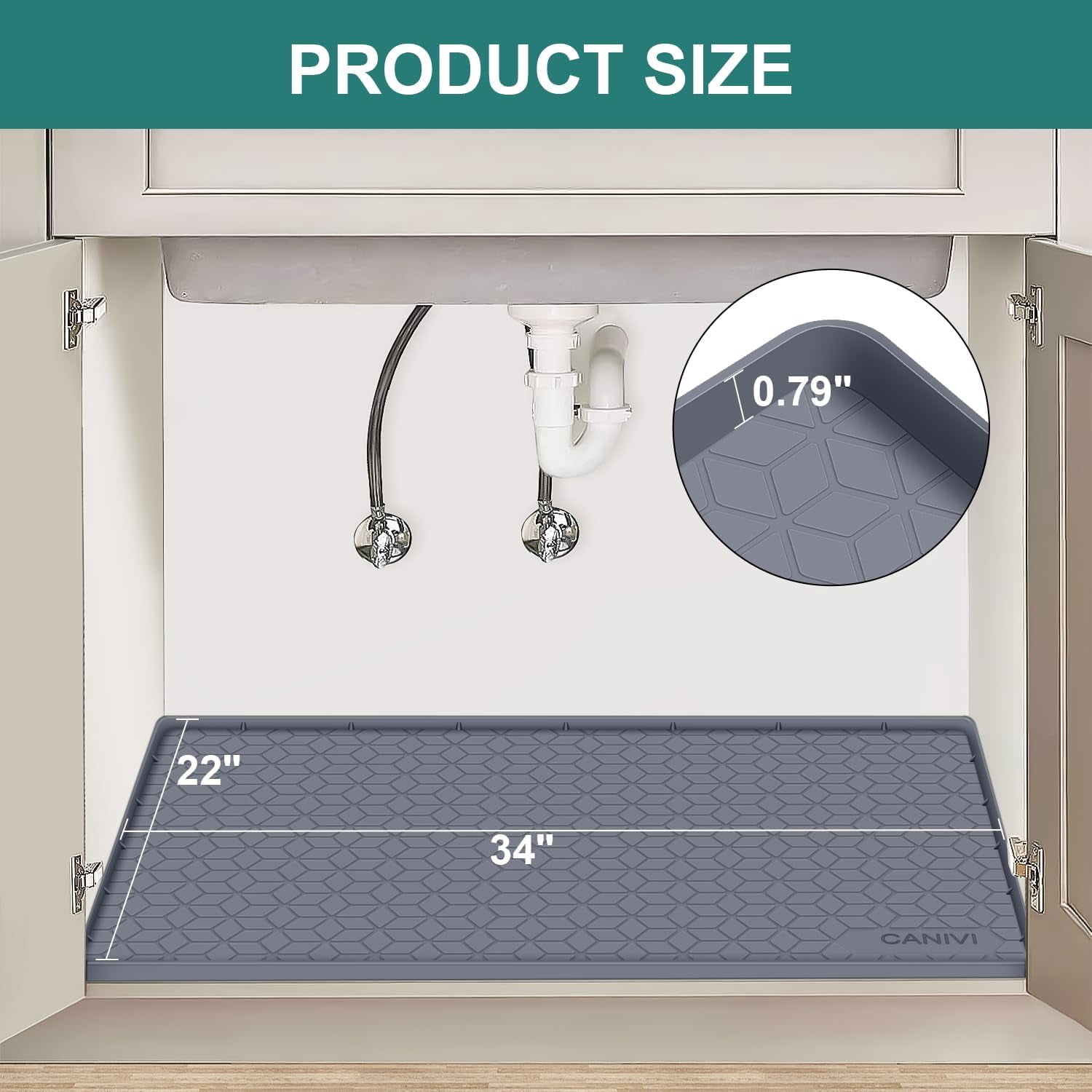 Under Sink Mat, 34" x 22" Waterproof Silicone Under Sink Tray for Kitchen & Laundry Cabinets, Kitchen Cabinet Shelf Protector, Up to 3.3 Gallons Liquid, Fits 36 inch Standard Cabinet(Grey)