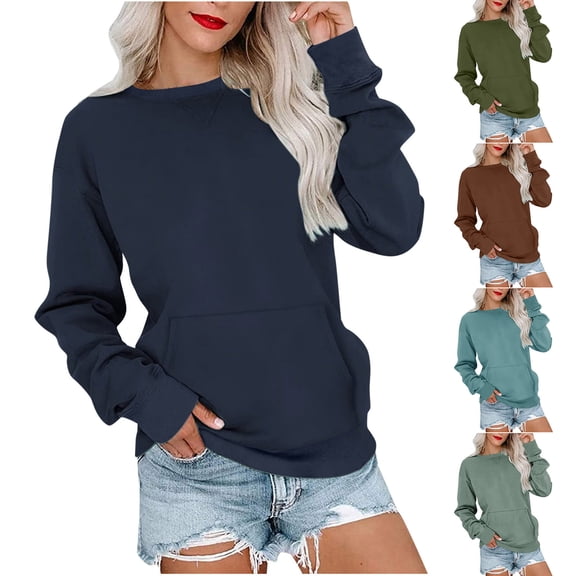 Yxbdin Womens Sweatshirt with Kangaroo Pocket No Hood Pullover Plain Crew Neck Sweatshirts Cozy Soft Lightweight Fall Clothes Daily Wear
