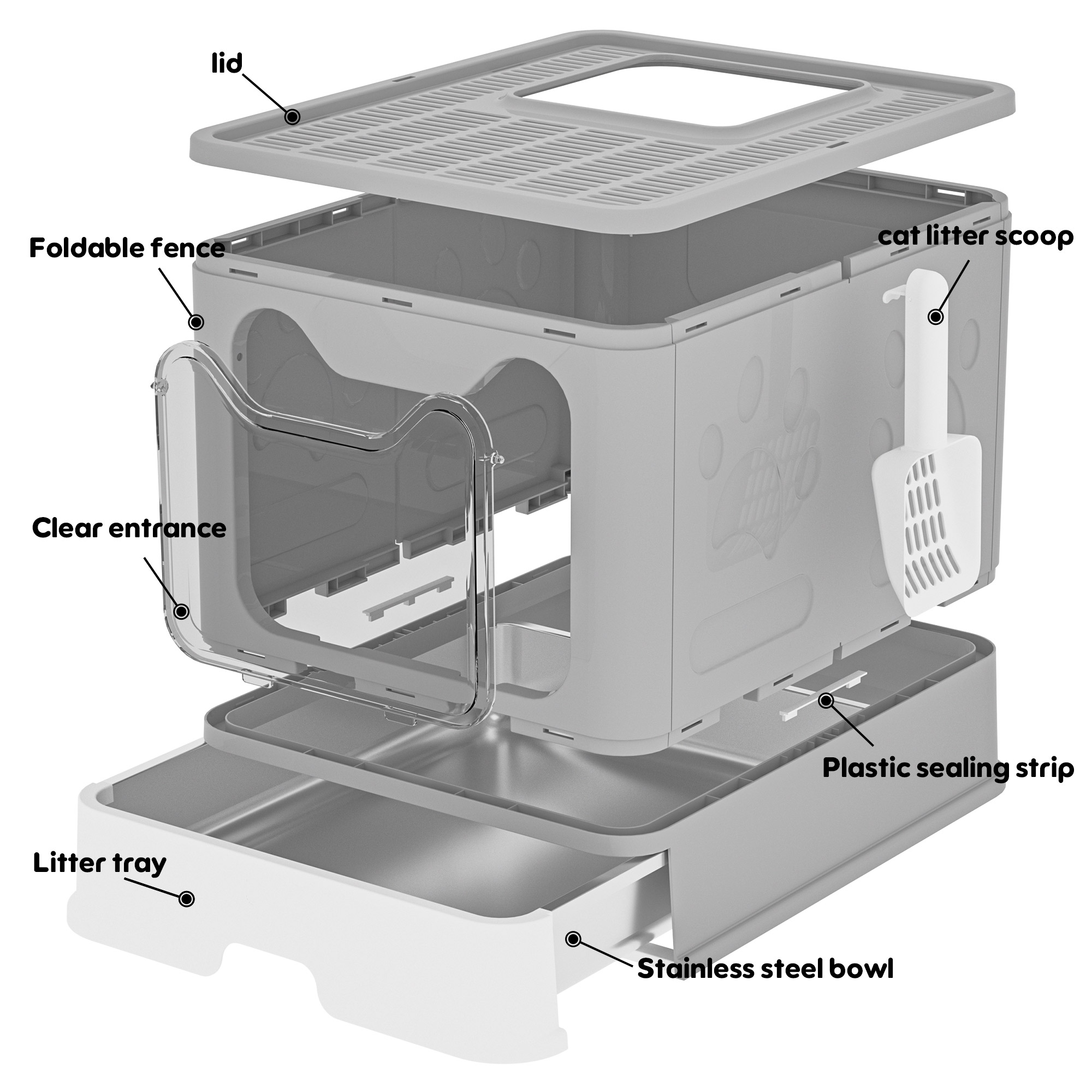 Enclosed Cat Litter Box with Lid & Stainless Steel Drawer Design for Indoor All Lifestyles Cats with Litter Scoop