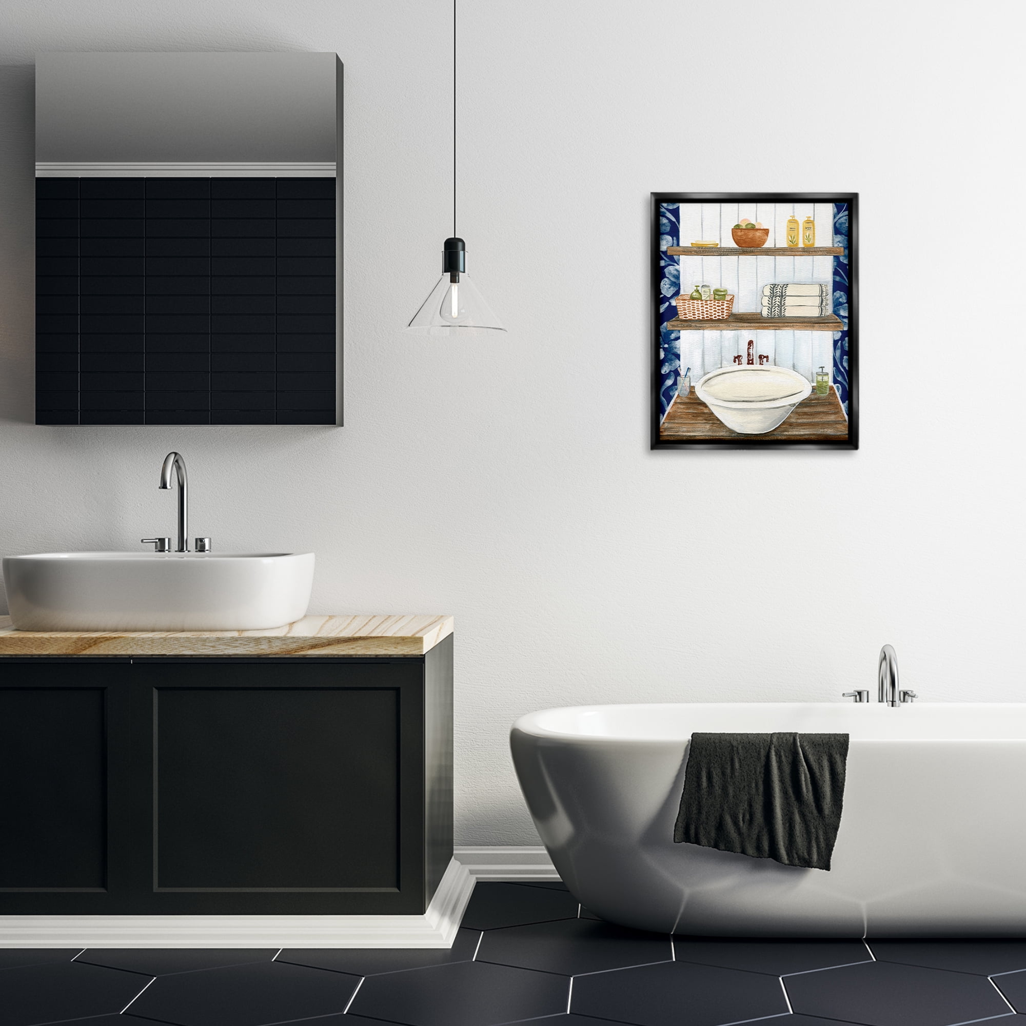 Stupell Industries Bold Blue Bathroom Typography Painting Black Floater Framed Canvas Art Print Wall Art, 17 x 21