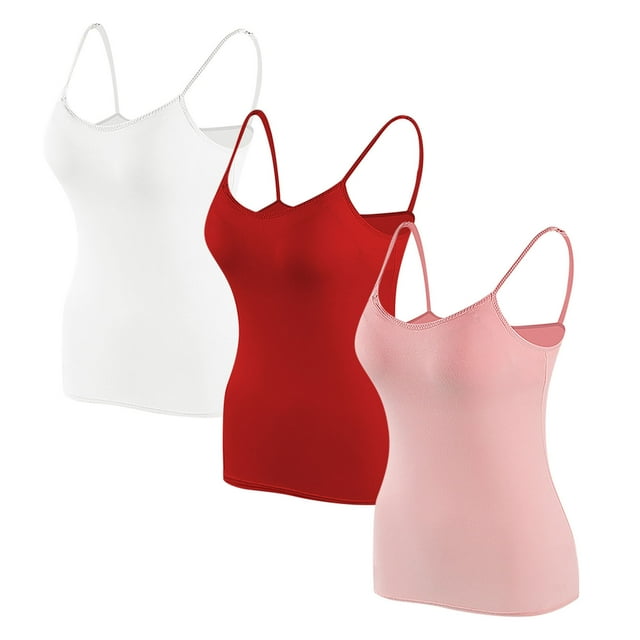 Timegard Camisoles pour Femmes 3 Pcs avec Soutien-Gorge Intégré Col Rond Bretelles Spaghetti Ajustées Douces Maillots de Corps Décontractés Hauts de Pyjama