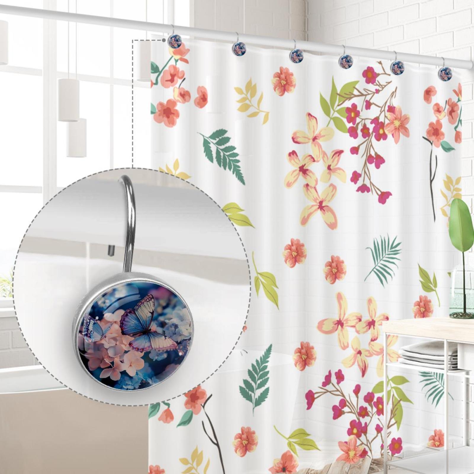 Butterfly on Hydrangea Flower Shower Curtain Hooks Round Crystal Glass, Set of 12 Shower Curtain Rings - Shower Hooks for Curtain Shower Rings