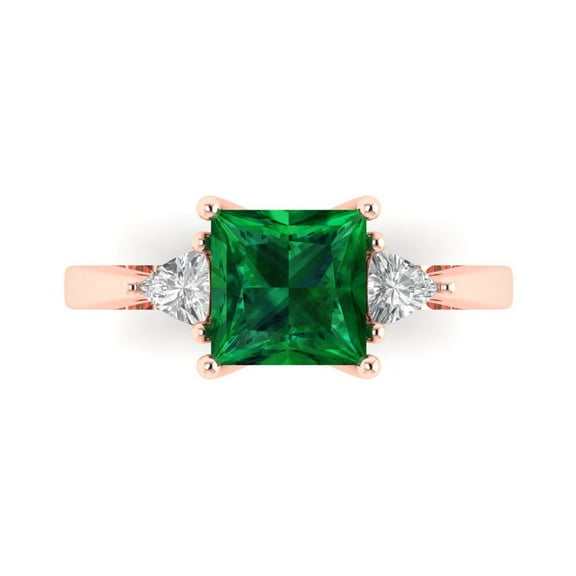 Three-Stone Engagement Ring for Women - 2.32ct Simulated Emerald in 18K Rose Gold Promise Ring