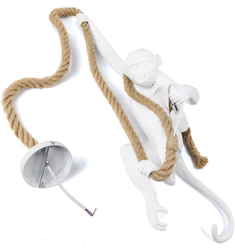 Fichiouy Chandelier Vintage Hemp Rope Monkey Pendant Light Fixture Chandelier for Dining Bar E27 White