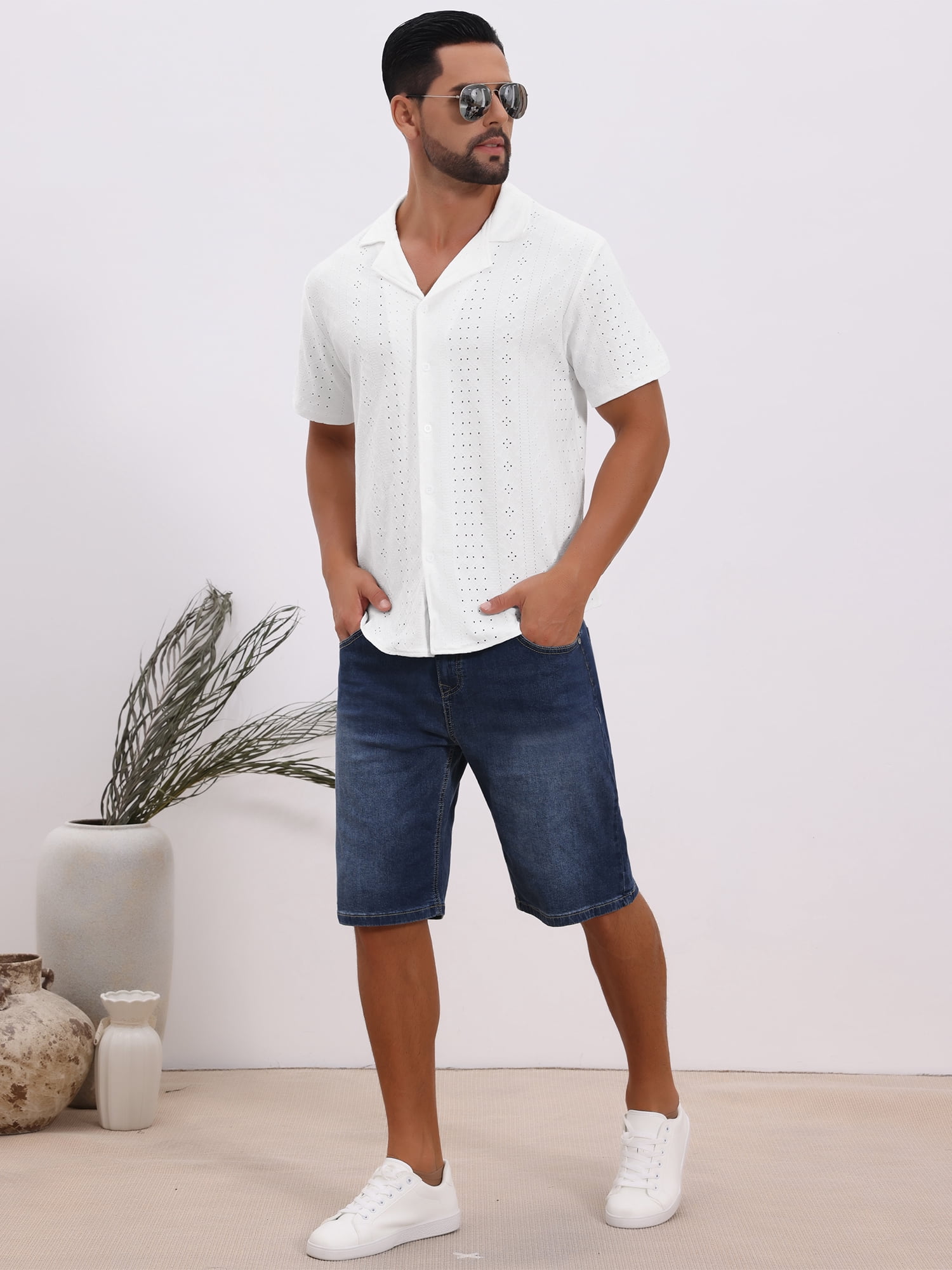 DARING DIVA Men's Hollow Texture Knit Short Sleeve Camp Collar Shirt M White