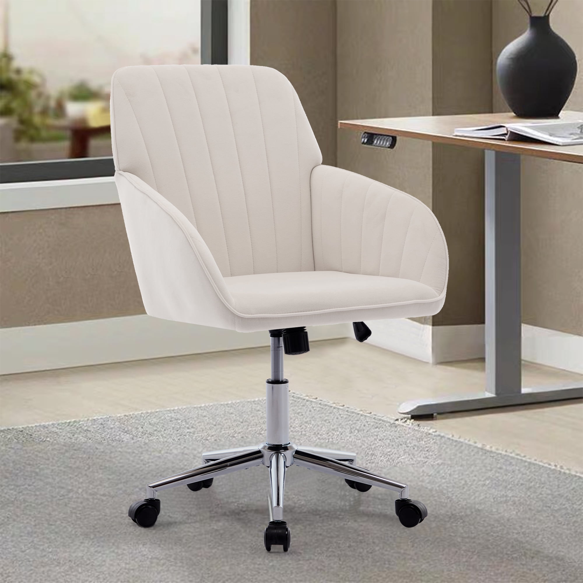 Homy Casa Upholstered Office Chair with Wheels, Adjustable Swivel Vanity Chair for Home Office