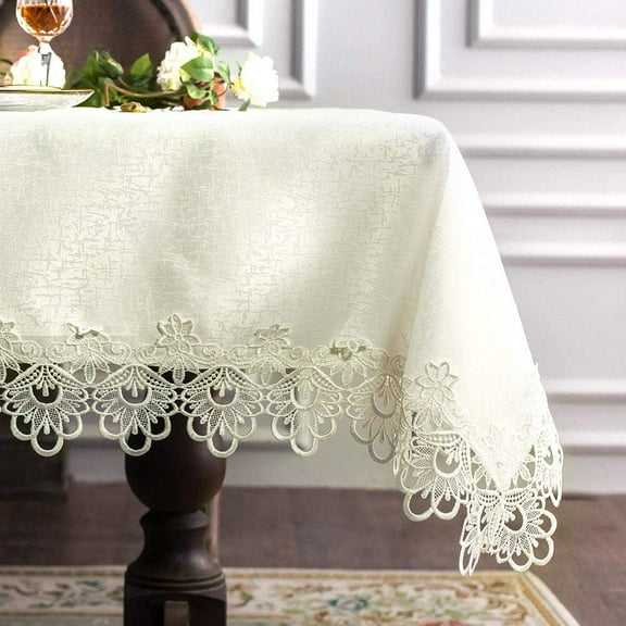 CAILDANL Rectangular Lace Fabric Tablecloth with Macrame Border Clear Embroidered Kitchen Tablecloths for Elegant Holiday Long Dinner Tables (White, Tablecloth 52" x 70")