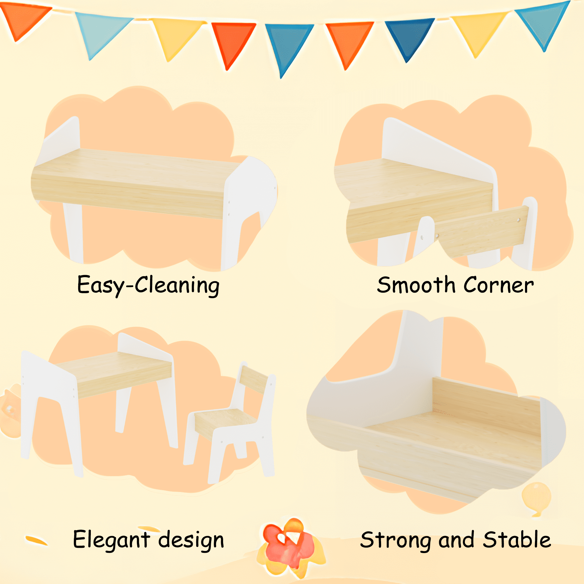 Kids Table Set with One Chair Wooden Children Study Table 2-8  Age Kids Funiture  White+Natural