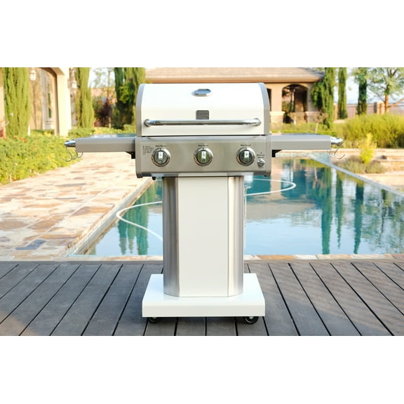 Kenmore 3-Burner Gas Grill, Outdoor BBQ Grill, Propane Grill with Foldable Side Tables, Pearl White