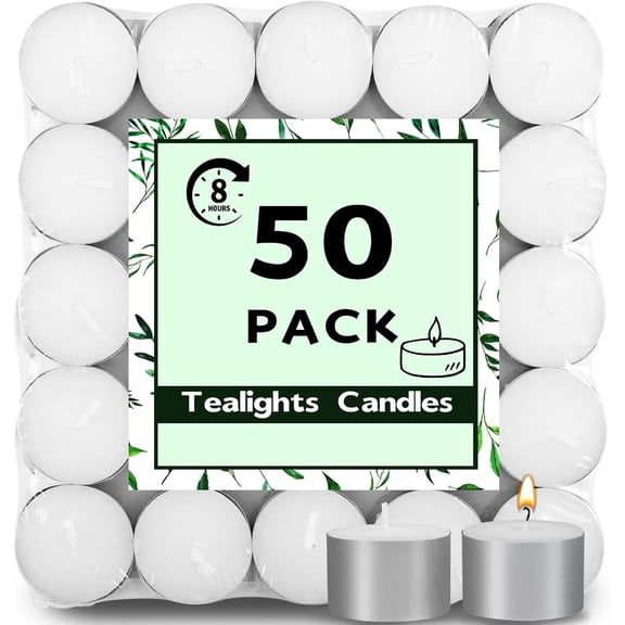 50 Pack Tea Lights Candles, 8 Hours Long Burning Tealights Candle Bulk, Smokeless & Unscented Candles, White Tea Lights Candle for Shabbat Weddings Home Decor Table Centerpiece