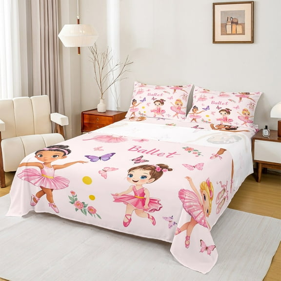 Manfei Cute Ballet Girl Twin Sheet Sets 3pcs for Child, Dance Princess Twin Fitted Sheet, Pink Butterfly Flat Sheet, Super Cozy Bedroom Decor