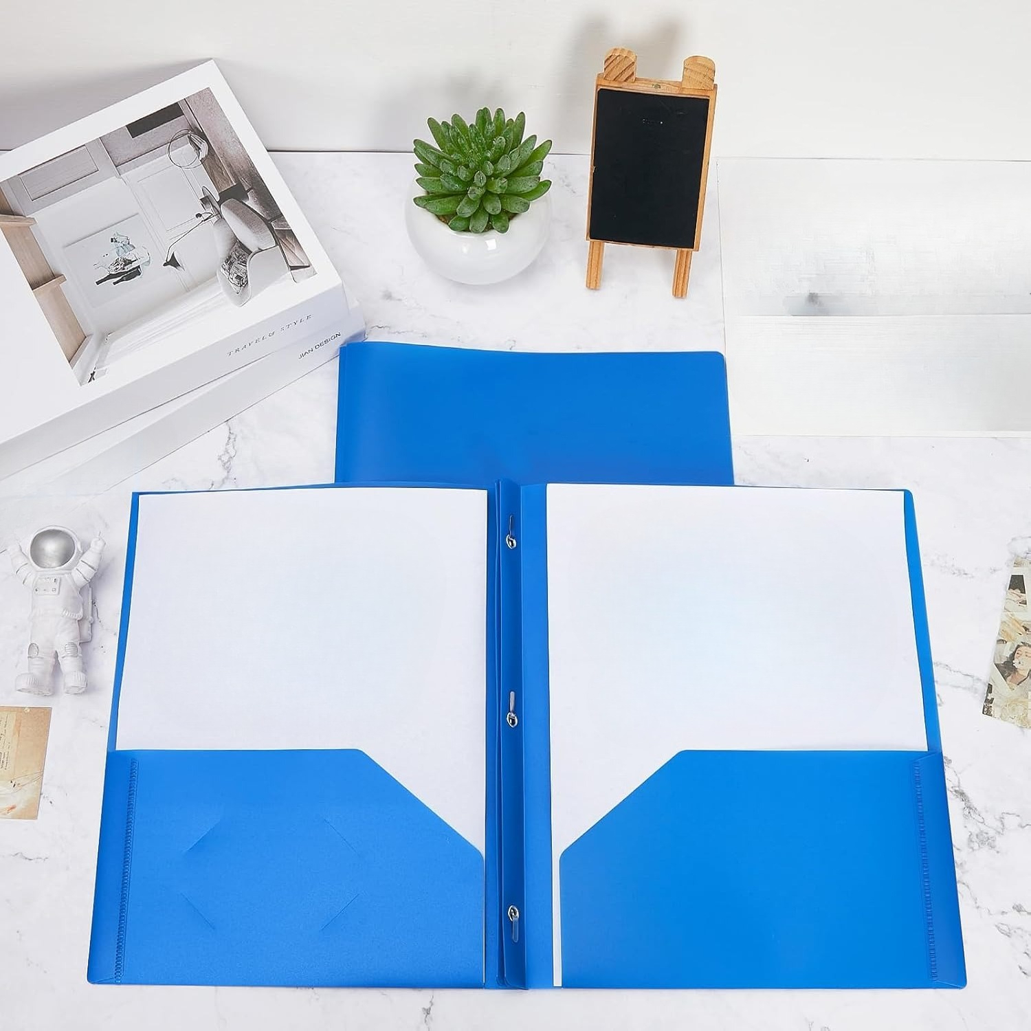 60 plastic folders with pockets and inserts, plastic folders with 2 pockets, (blue)
