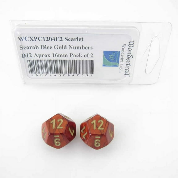 Scarlet Scarab Dice with Gold Numbers D12 Aprox 16mm (5/8in) Pack of 2 Wondertrail