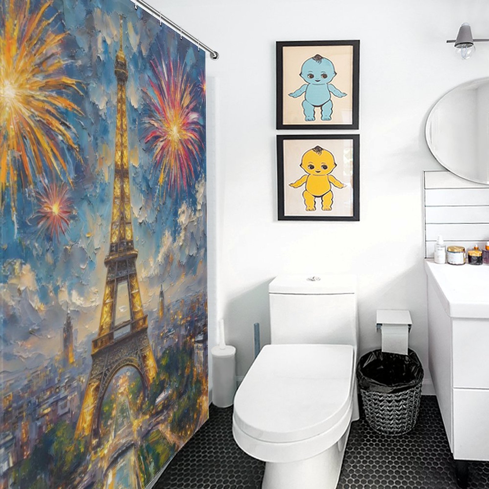 Iron Tower Print Shower Curtain Art Style Bathroom Decor Shower Curtain with 12 Hooks,66inx72in