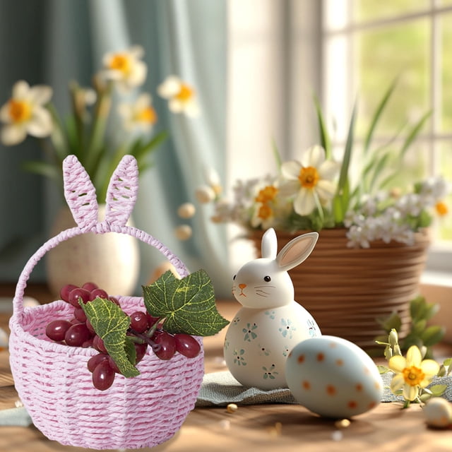 Cesta de conejo de Pascua con orejas largas | Bolsa de almacenamiento de hierro tejido para huevos, regalos, bocadillos | Multicolor Rosa Blanco Amarillo Verde Azul | 10.24"x7.87"x6.3" | Organizador