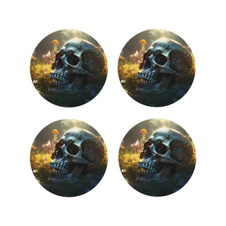 

Leather Coasters Set of 4 - Flower Field Skull Lightweight Non-Slip Drink Coasters for Desk Anti-Scalding Desk Cup Coasters for Office Table Decor Round Shape