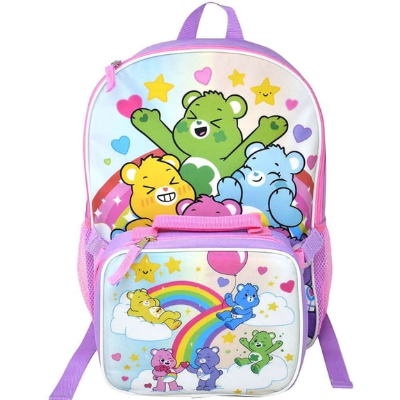Girls Care Bear 16" Backpack for School with Rectangular Lunch Bag, for Kids
