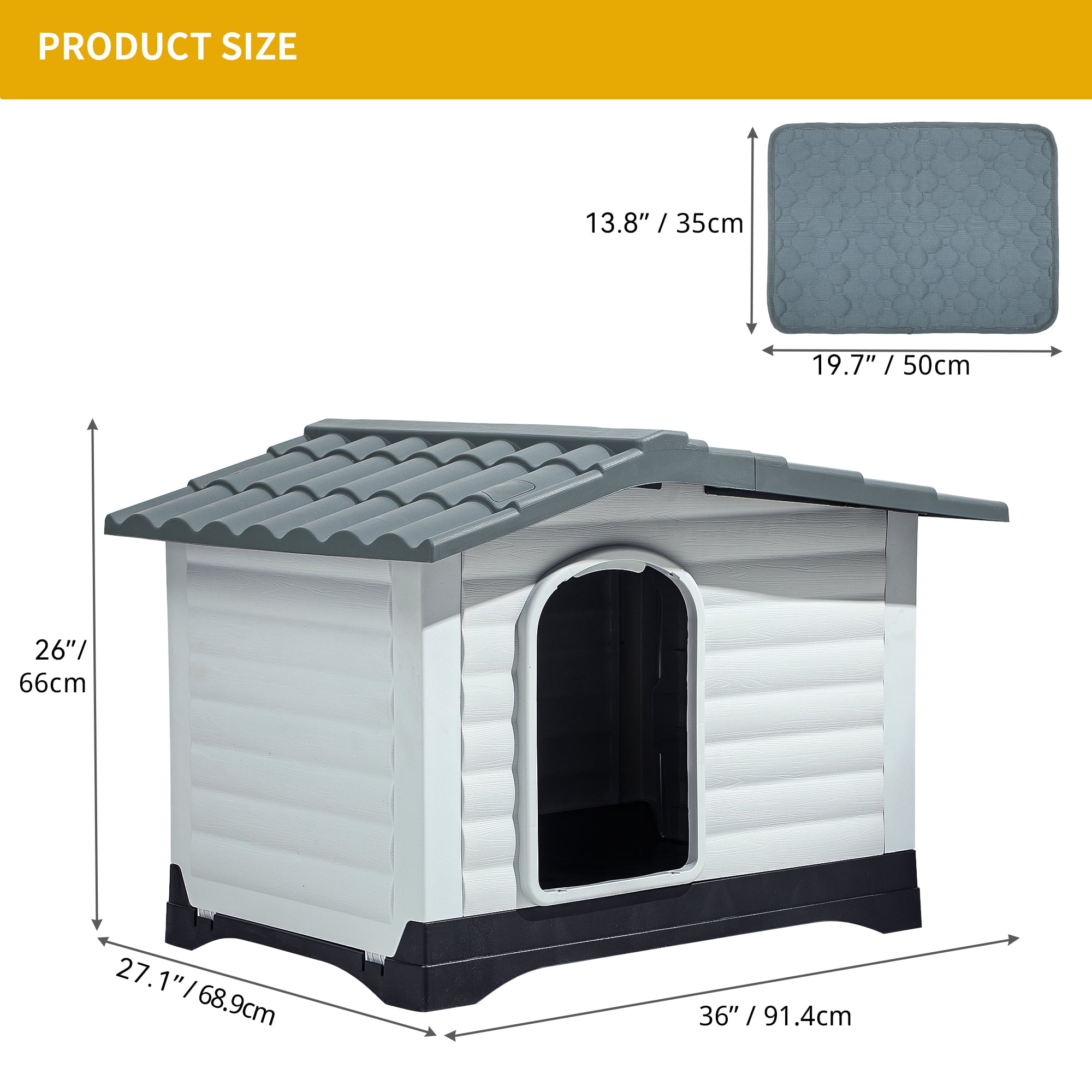 Dextrus Large Plastic Dog House,Outdoor Waterproof Double Door Dog Houses with Elevated Base and Porch & Cushion,Durable Ventilate & Easy Clean and Assemble,36"L*27.1"W*26"H,Gray