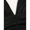 thumbnail image 3 of Black Knit & Woven Patchwork V-Neck Ruffle Backless Mini Dress, Ruched Waist, Elegant Vacation Casual Wear, 3 of 5