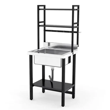 Ktaxon 28" × 24" Stainless Steel Utility Prep Sink with Adjustable Shelves, One Compartment Freestanding Sink with Backsplash & 3.5" Drain