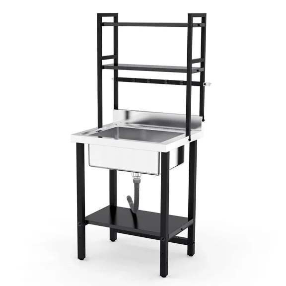 Ktaxon 28" × 24" Stainless Steel Utility Prep Sink with Adjustable Shelves, One Compartment Freestanding Sink with Backsplash & 3.5" Drain