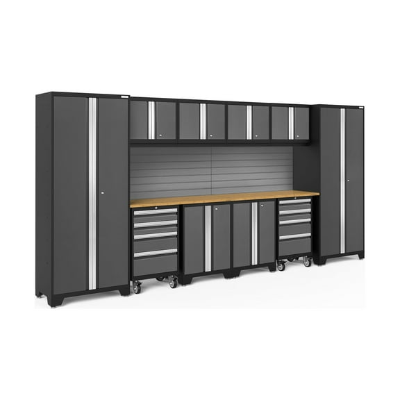 NewAge Products Bold Series Gray 12 Piece Cabinet Set, Heavy Duty 24-Gauge Steel Garage Storage System, Slatwall Included