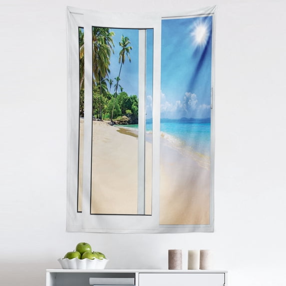 Ocean Tapestry, Ocean View from the Window on the Island Scenery Traveling Destination, Fabric Wall Hanging Decor for Bedroom Living Room Dorm, 5 Sizes, White Cream Blue, by Ambesonne
