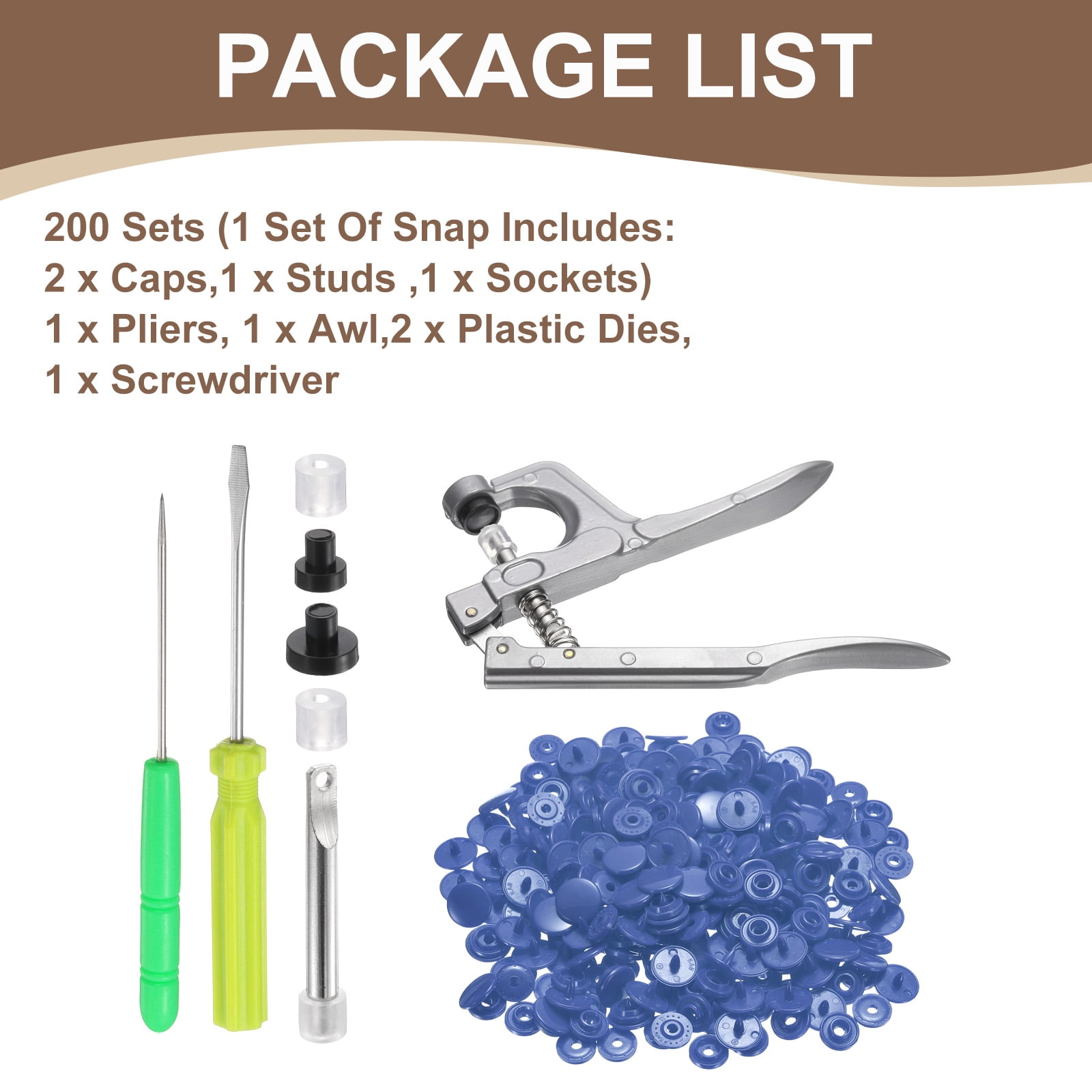 Uxcell Plastic Snaps Fasteners with Snap Pliers, 200 Set T3 Round Resin No-Sew Button Snap Fasteners Kit Dark Blue