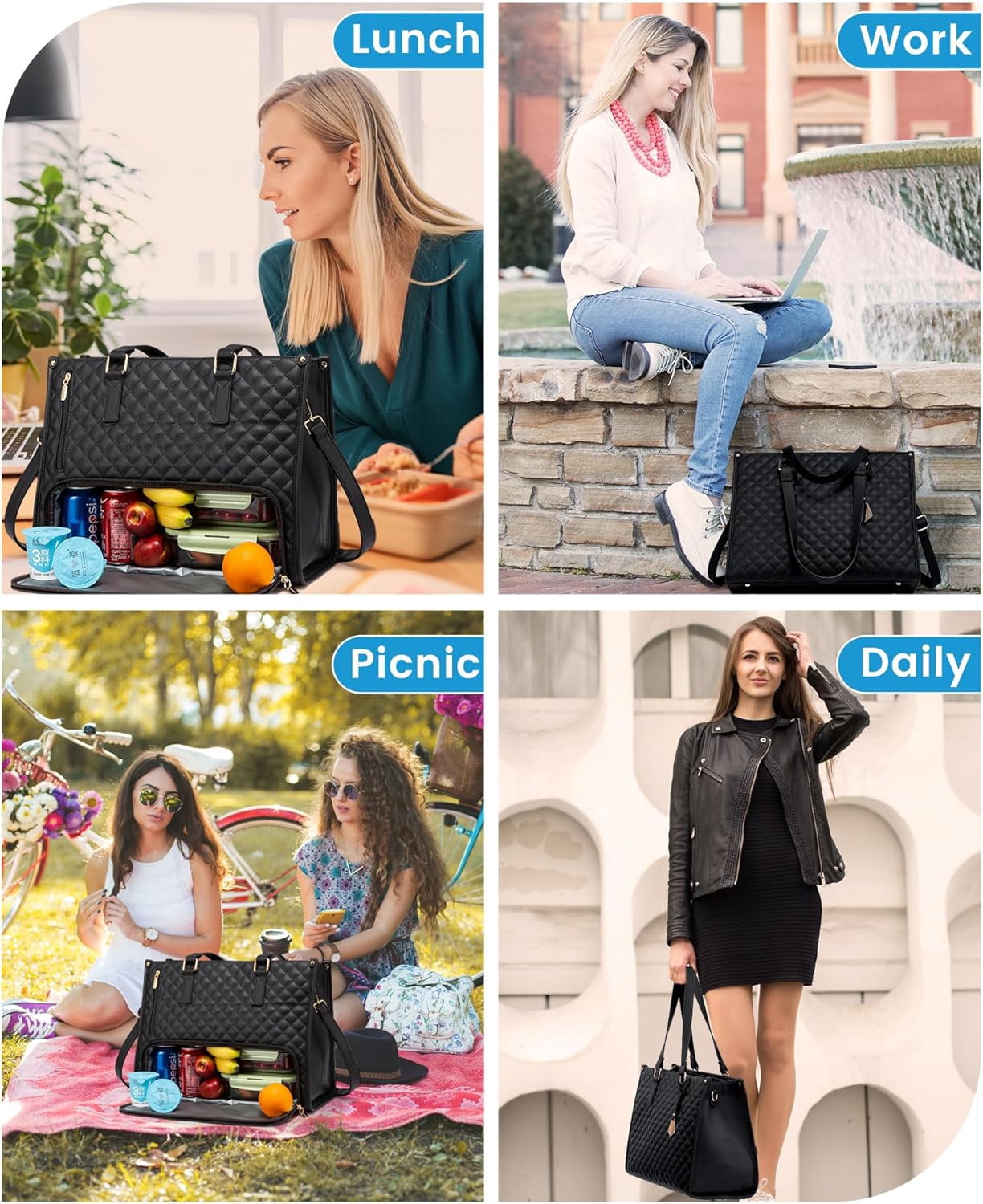 DLD Lunch Tote Bag for Women, 15.6 Inch Laptop Bag with Insulated Lunch Compartment, Quilted Large Capacity Computer Handbag with Purse for Business, Work, Nurse, Office, Collage, Casual, Black
