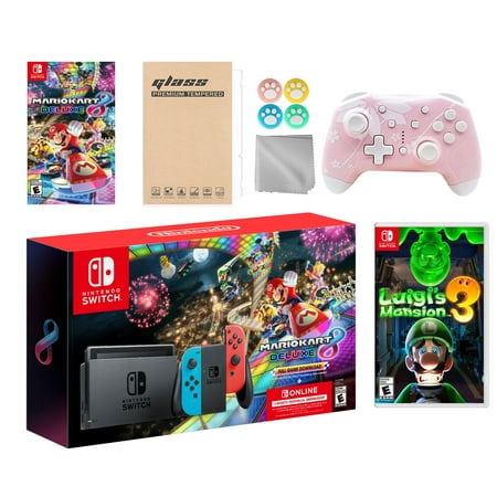 Nintendo Switch Mario Kart 8 Deluxe Bundle: Red/Blue Console, Mario Kart 8 & Membership, Luigi's Mansion 3, Mytrix Wireless Pro Controller Pink Cherry Blossom and Accessories