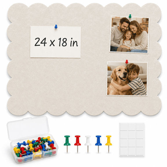 HandyJoy Scalloped Bulletin Board, 24"x18" Felt Pin Board – Cloud Shape Self-Adhesive Vision Board with 12 Adhesive Strips & 5-Color Push Pins, for Wall, Door, Beige