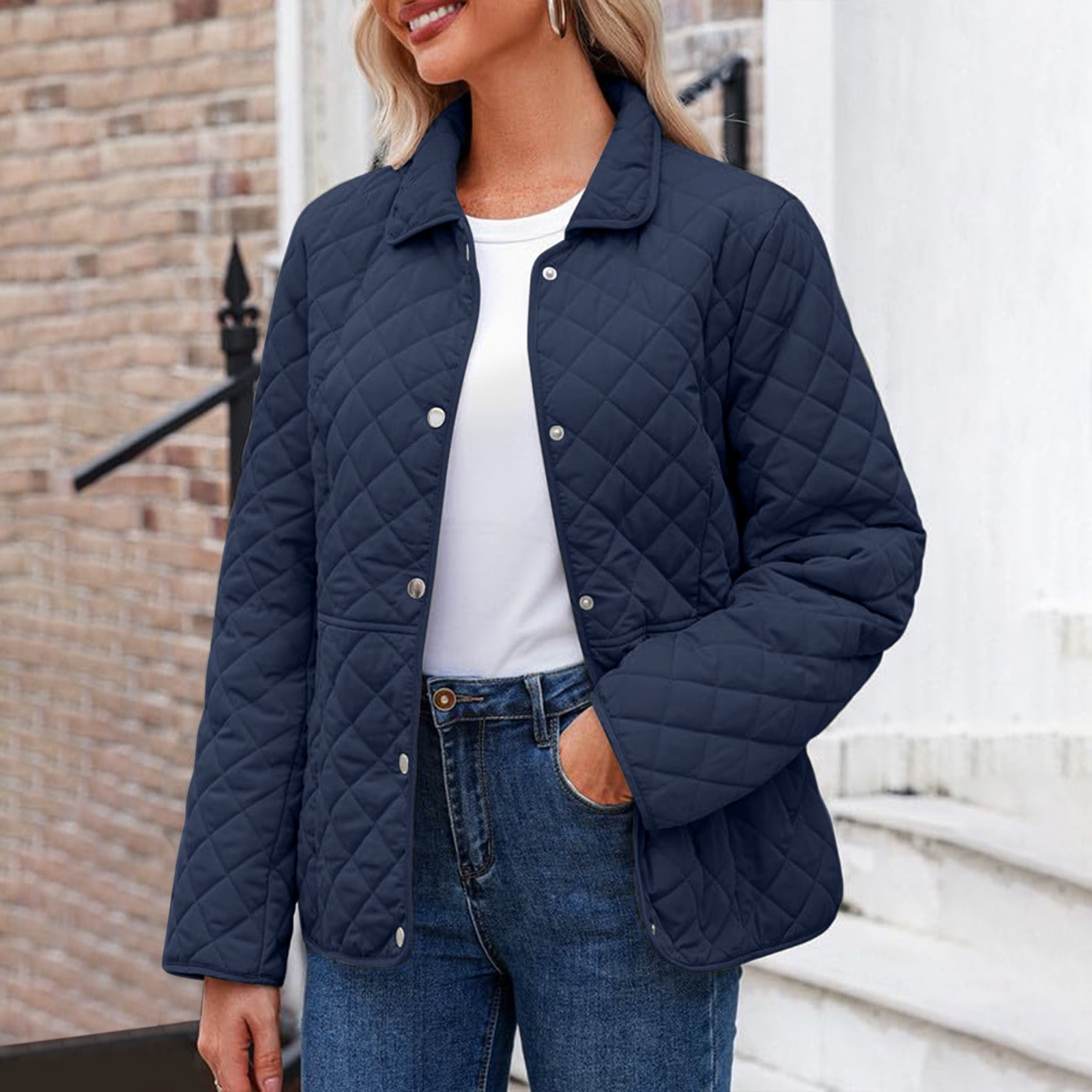 Womens Plus Size Puffer Jackets Fall Winter Long Sleeve Button-Up Coat Solid Color Light Weight Warm Padded Comfy Outwear Tops - image 2