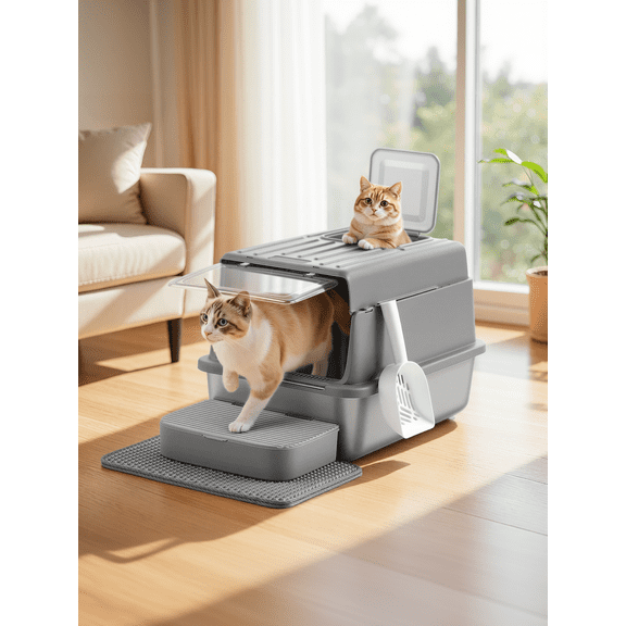 LEDREM Stainless Steel Cat Litter Box with Flip Lid and Litter Catcher, 2-Door Enclosed Litter Box for Cats up to 33 lb, Dove Grey