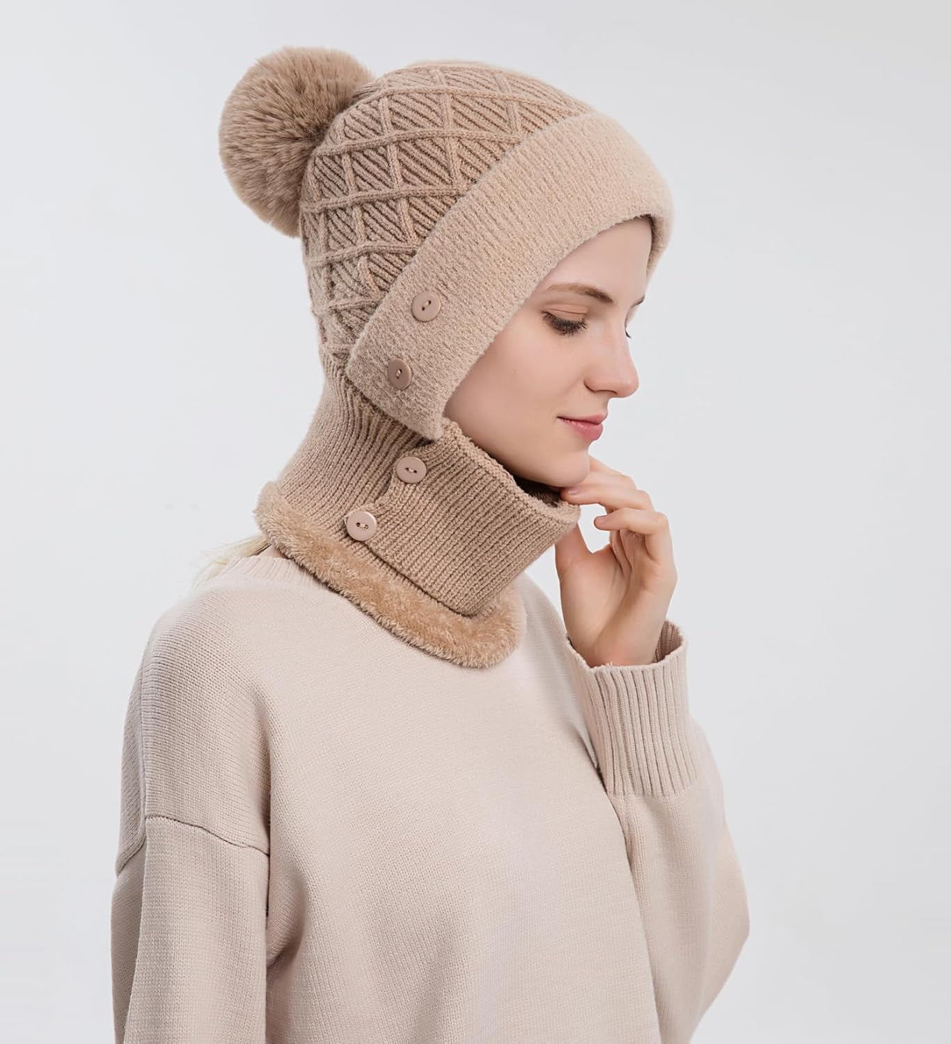 YooGuoGuo Women Winter Beanie Hats One Piece Fleece Lined Knit Balaclavas Mask Set Skull Neck Circle Scarf Ski Snow Hat Pompom