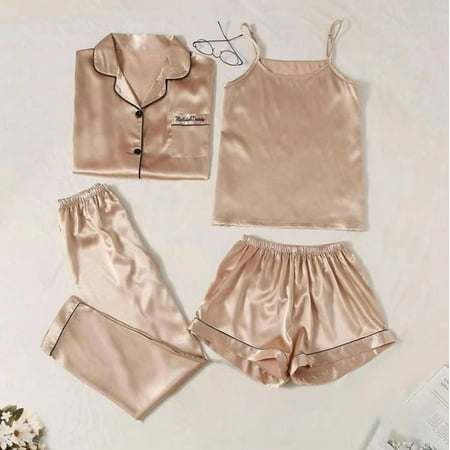 

4Pcs Women Satin Silk Sleepwear Pajama Set Long Sleeve Button-Down Loungewear