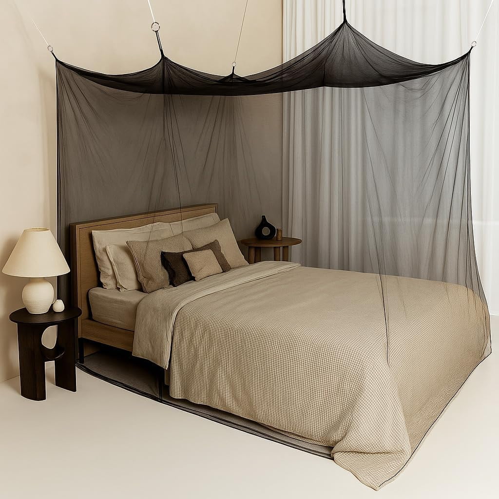 CAILDANL Mosquito Net for Single to King-Sized Beds – 2 Side Openings & 6 Hanging Loops – Decorative Rectangular Shape for Home & Travel – Bed Canopy Hanging Kit &