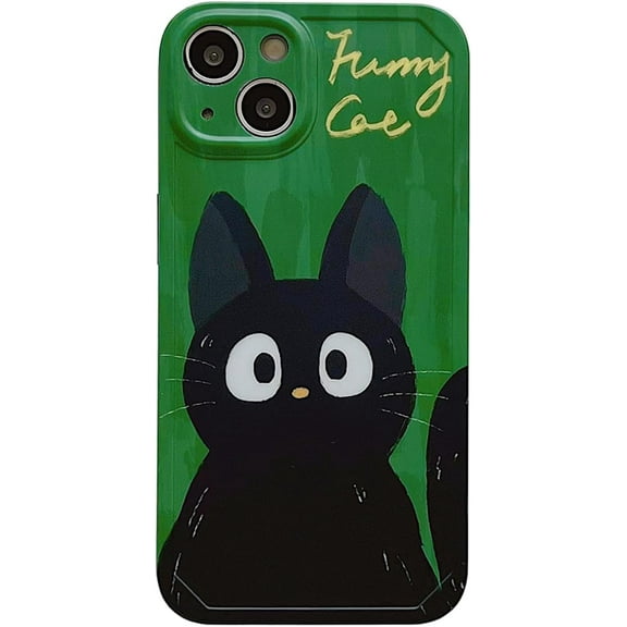 Black Funny Cat Green Phone Case Compatible with iPhone 13 Pro Max,Kawaii Cartoon Print Trendy Full Camera Lens Protective Soft Slim Sleek Cute Design for Girls Women 13promax 6.7" Cover